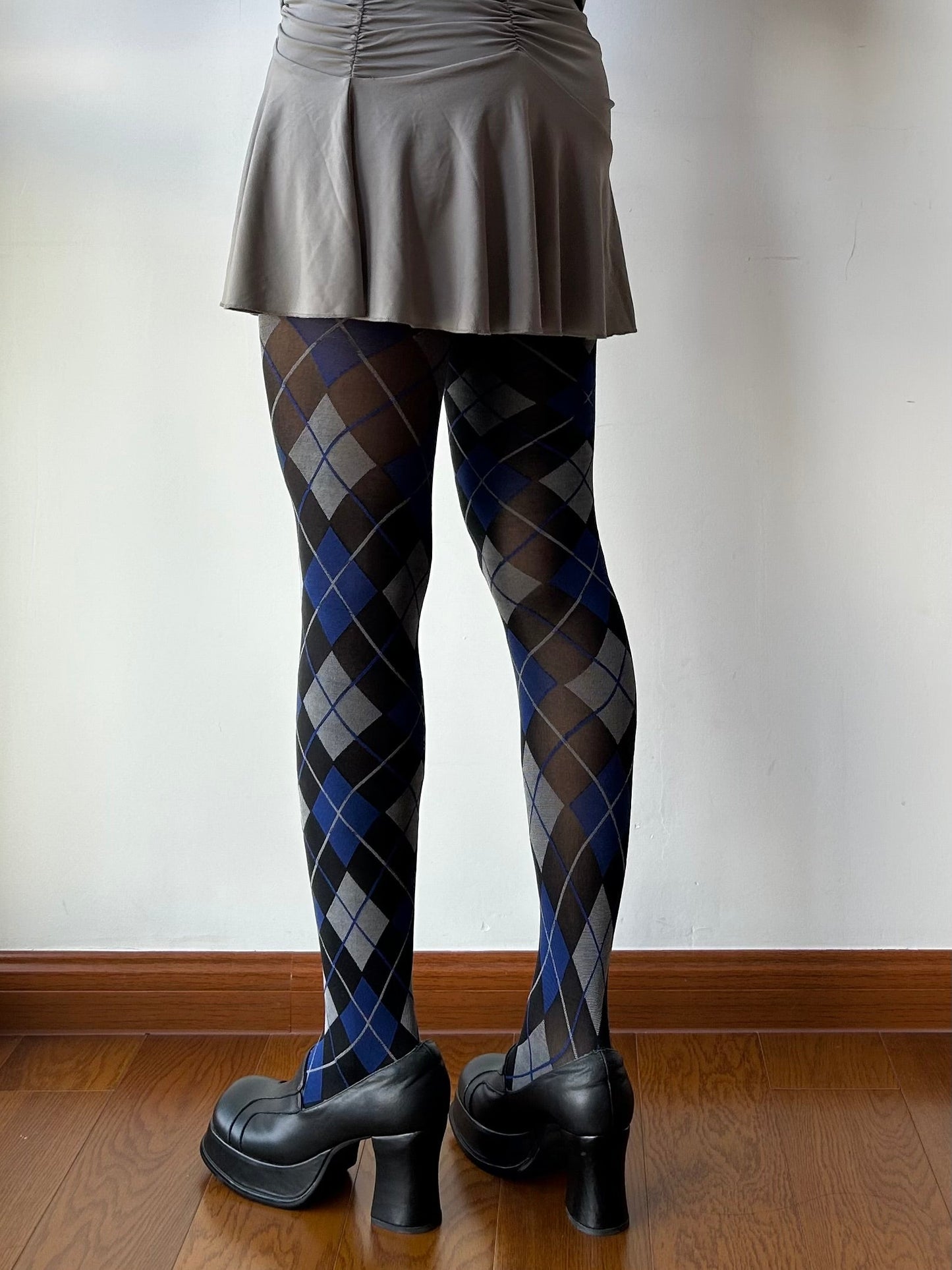 Vintage Style Blue Check Pattern Tights