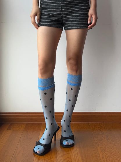 Blue Lace Edge Polka Dots Sheer Knee High Socks