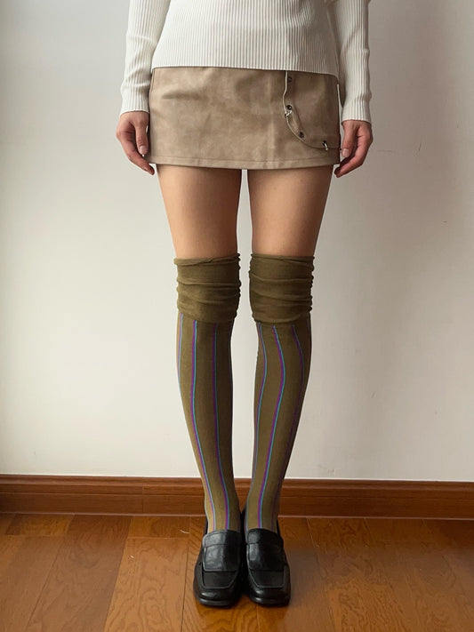 Olive Stripe Cotton Over the knee socks