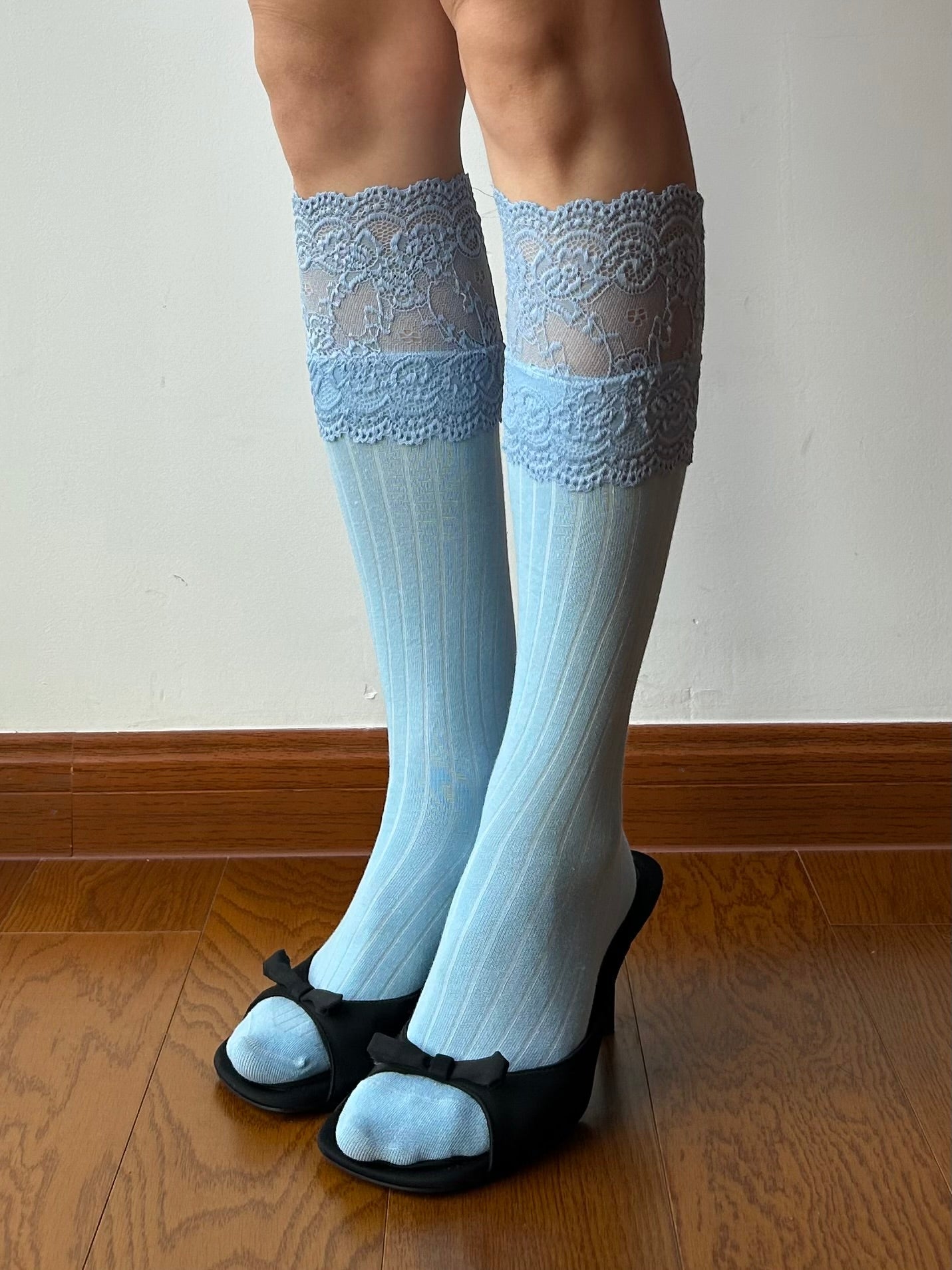 Blue Lace Edge Knee High Socks