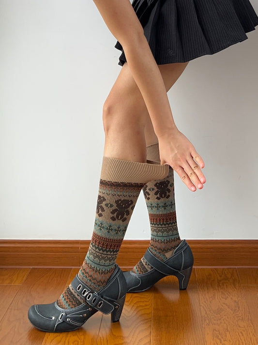 Khaki Bear Pattern Combed Cotton Knee High Socks