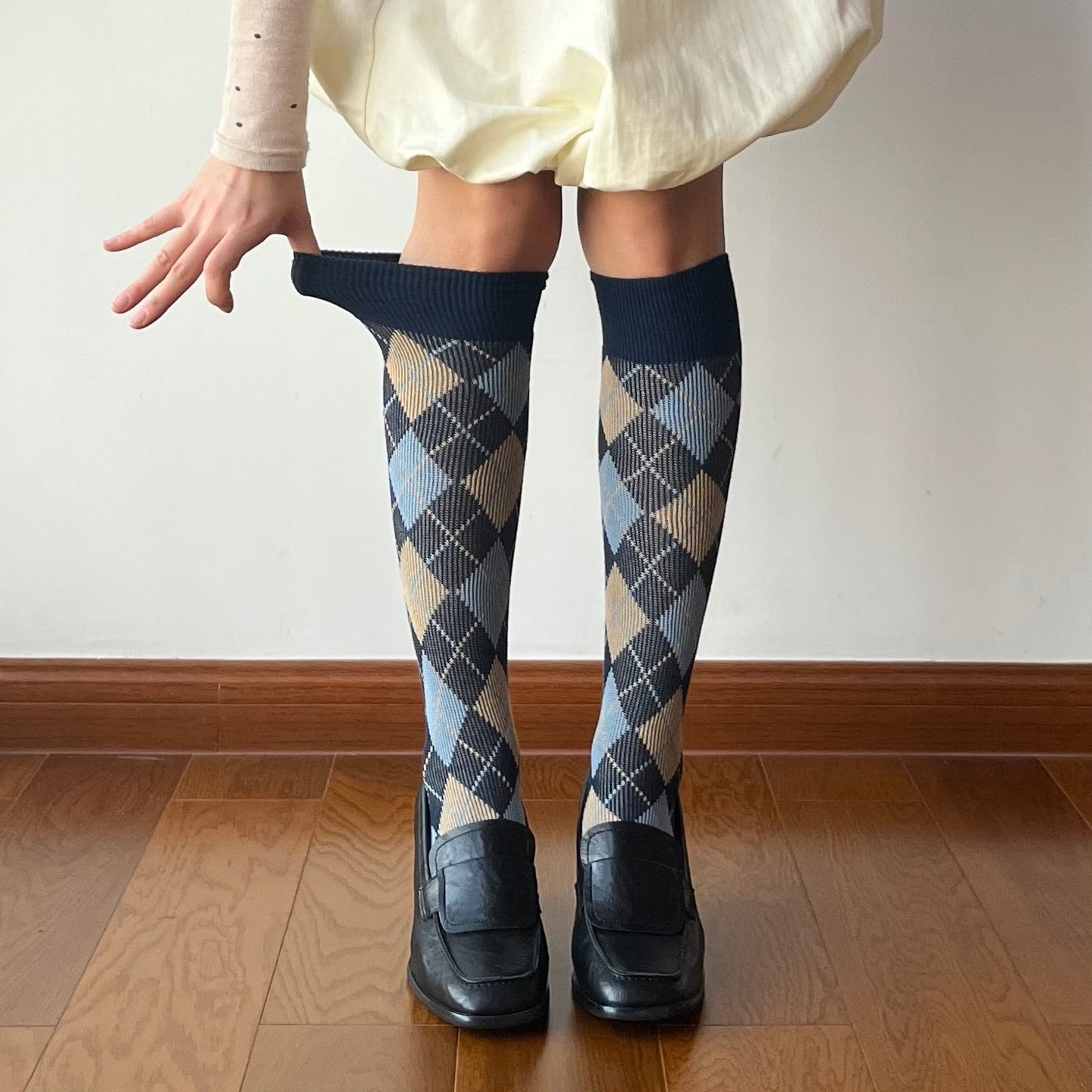 Blue Check Pattern Cotton Knee High Socks