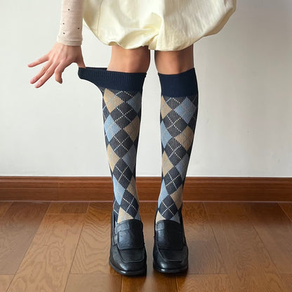Blue Check Pattern Cotton Knee High Socks