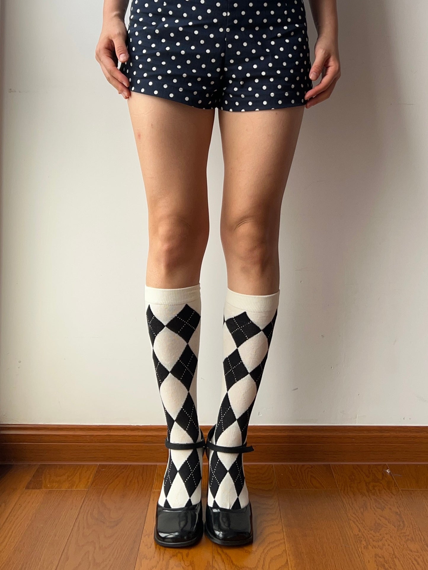 White Check Pattern Knee High Socks
