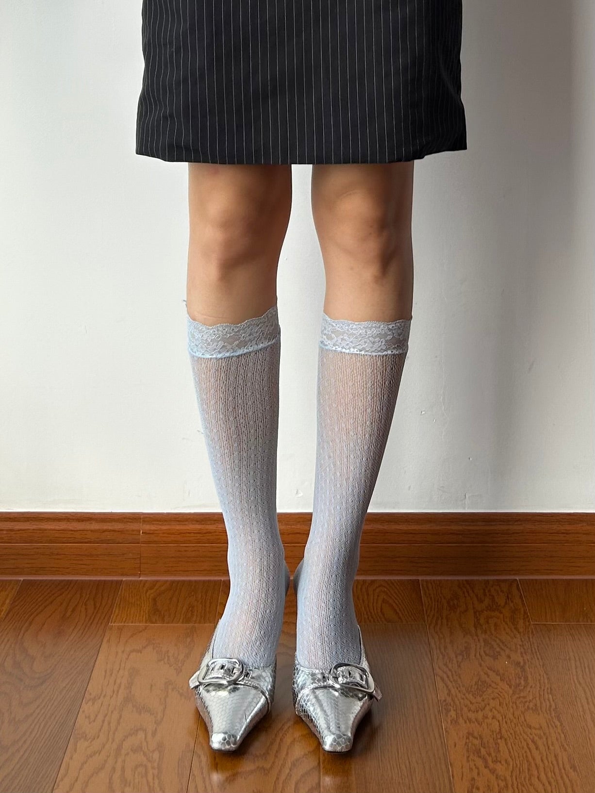 Dusty Blue Lace Edge Fishnet Knee High Socks