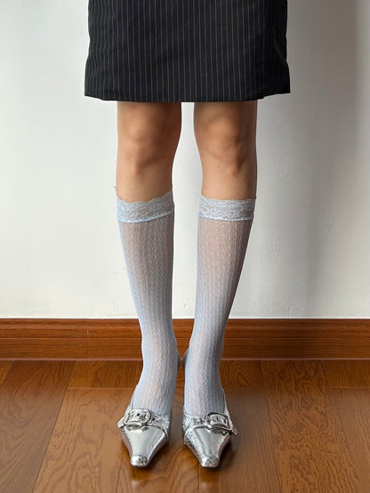 Dusty Blue Lace Edge Fishnet Knee High Socks