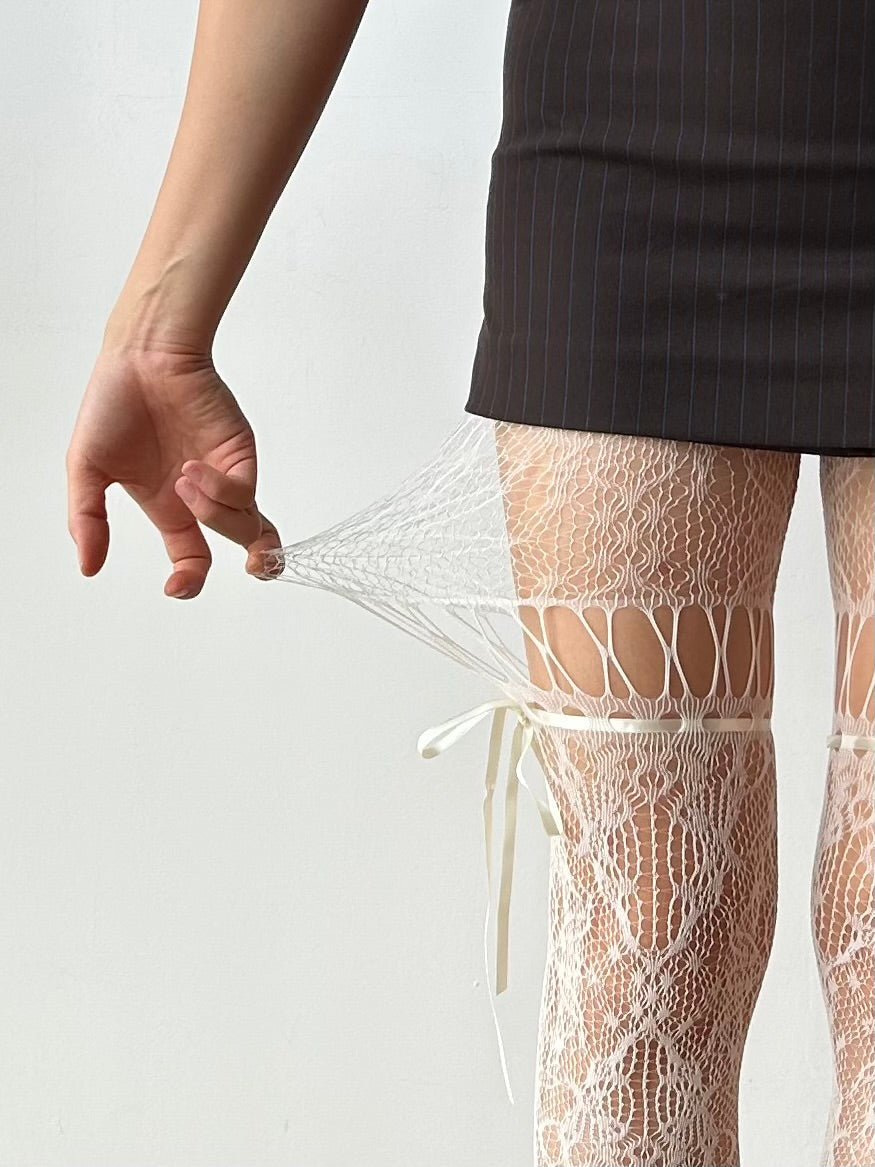 White Lace Up Design Fishnet Tights