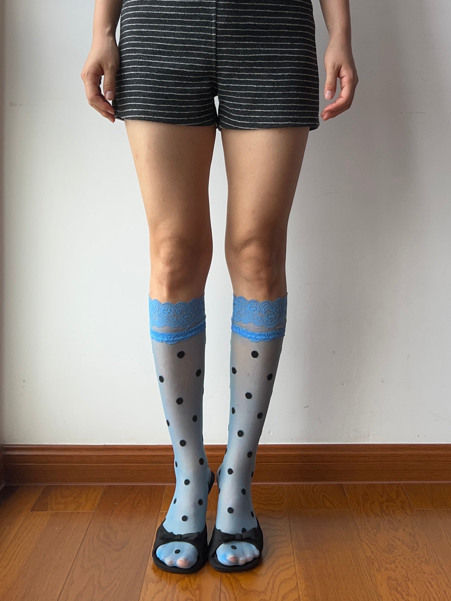 Blue Lace Edge Polka Dots Sheer Knee High Socks