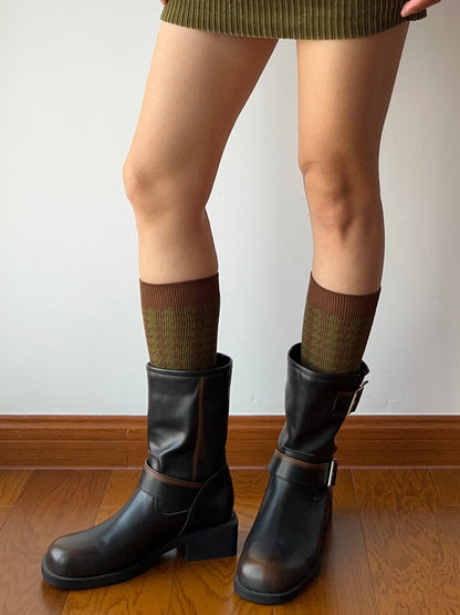 Olive Green+Dark Blue Double Knitting Knee High Socks