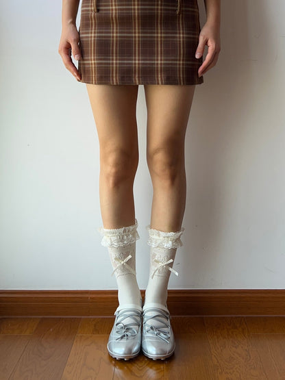 Cream Ruffle Fishnet Knee High Socks
