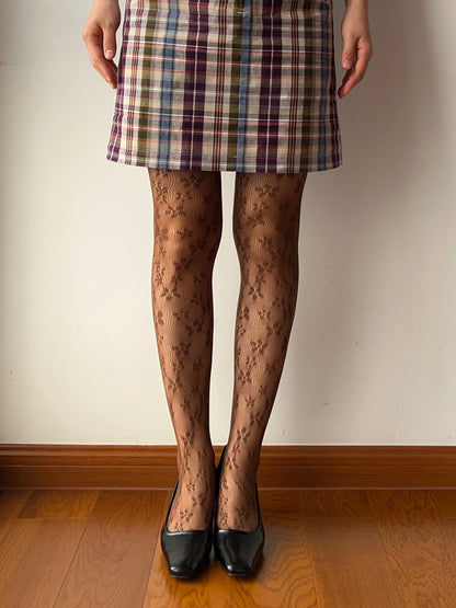 Brown Floral Pattern Fishnet Tights