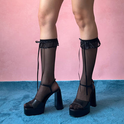 Black Ruffle Sheer Knee High Socks