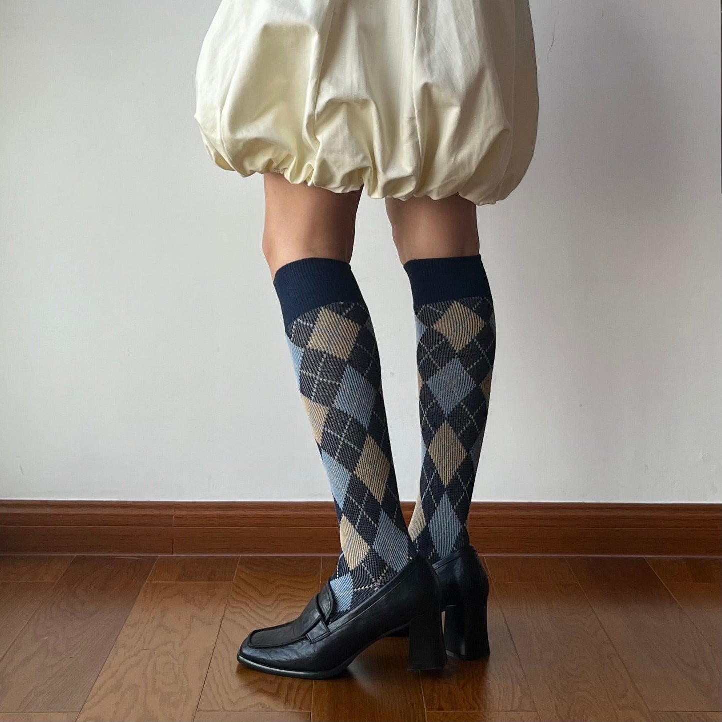 Blue Check Pattern Cotton Knee High Socks