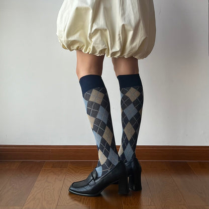 Blue Check Pattern Cotton Knee High Socks