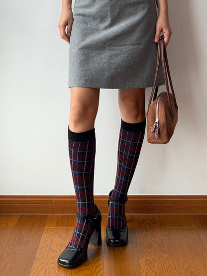 Burgundy Check Pattern Cotton Knee High Socks