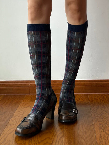 Grey+Navy Blue Check Pattern Knee High Socks