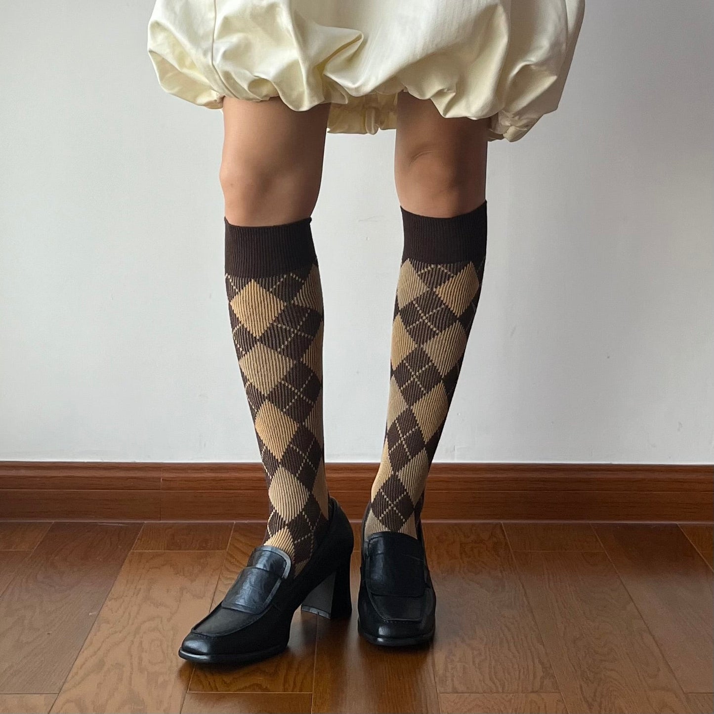 Brown Check Pattern Cotton Knee High Socks