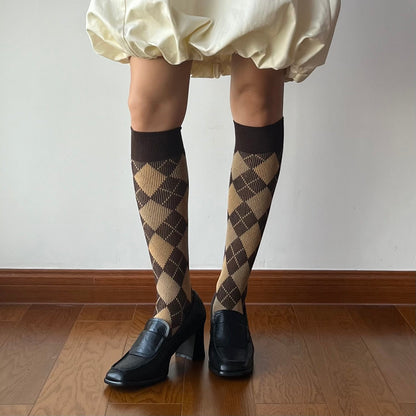 Brown Check Pattern Cotton Knee High Socks