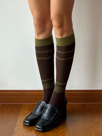 Brown Stripe Cotton Knee High Socks