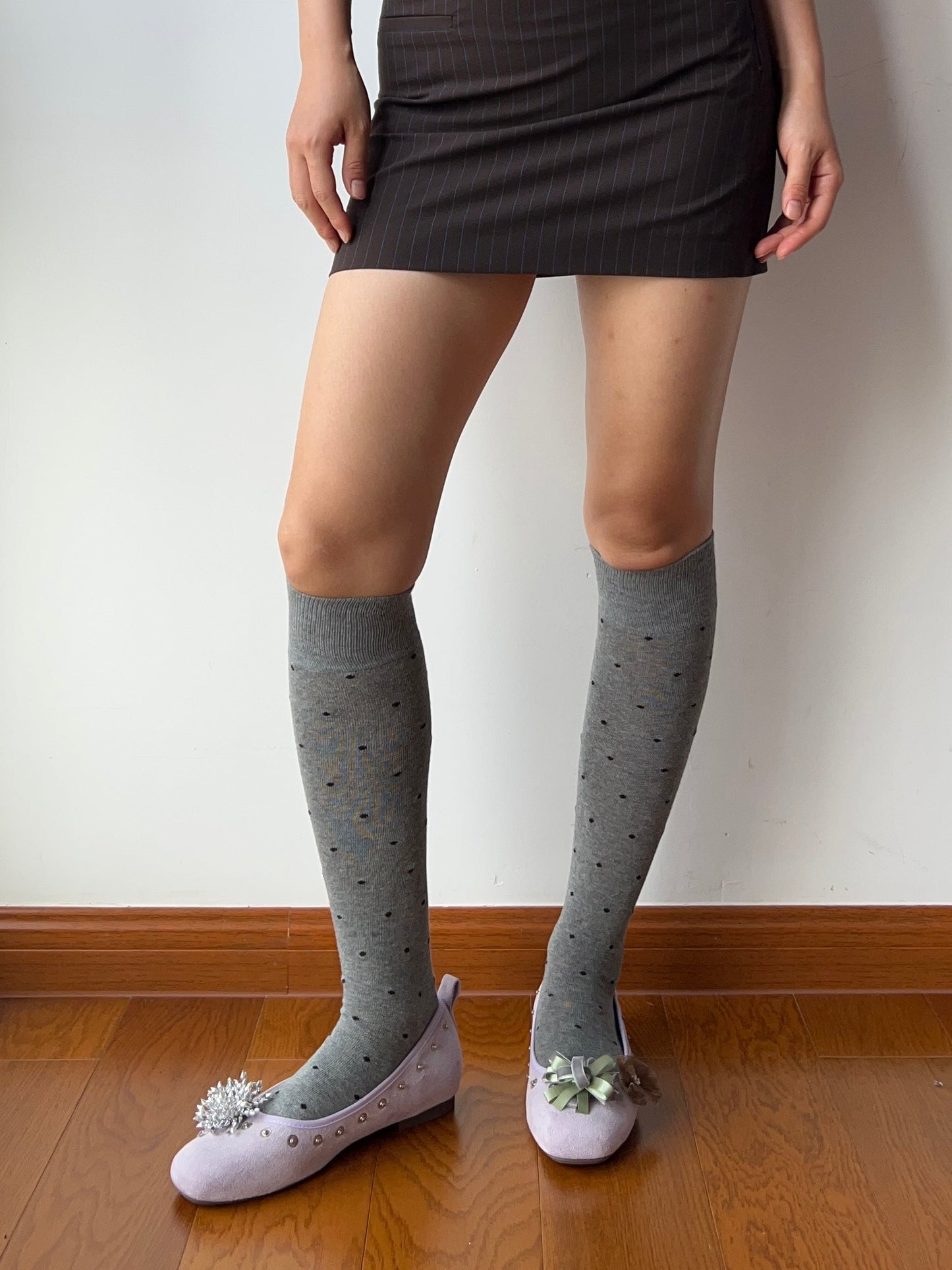 Gray Polka Dots Cotton Knee High Socks