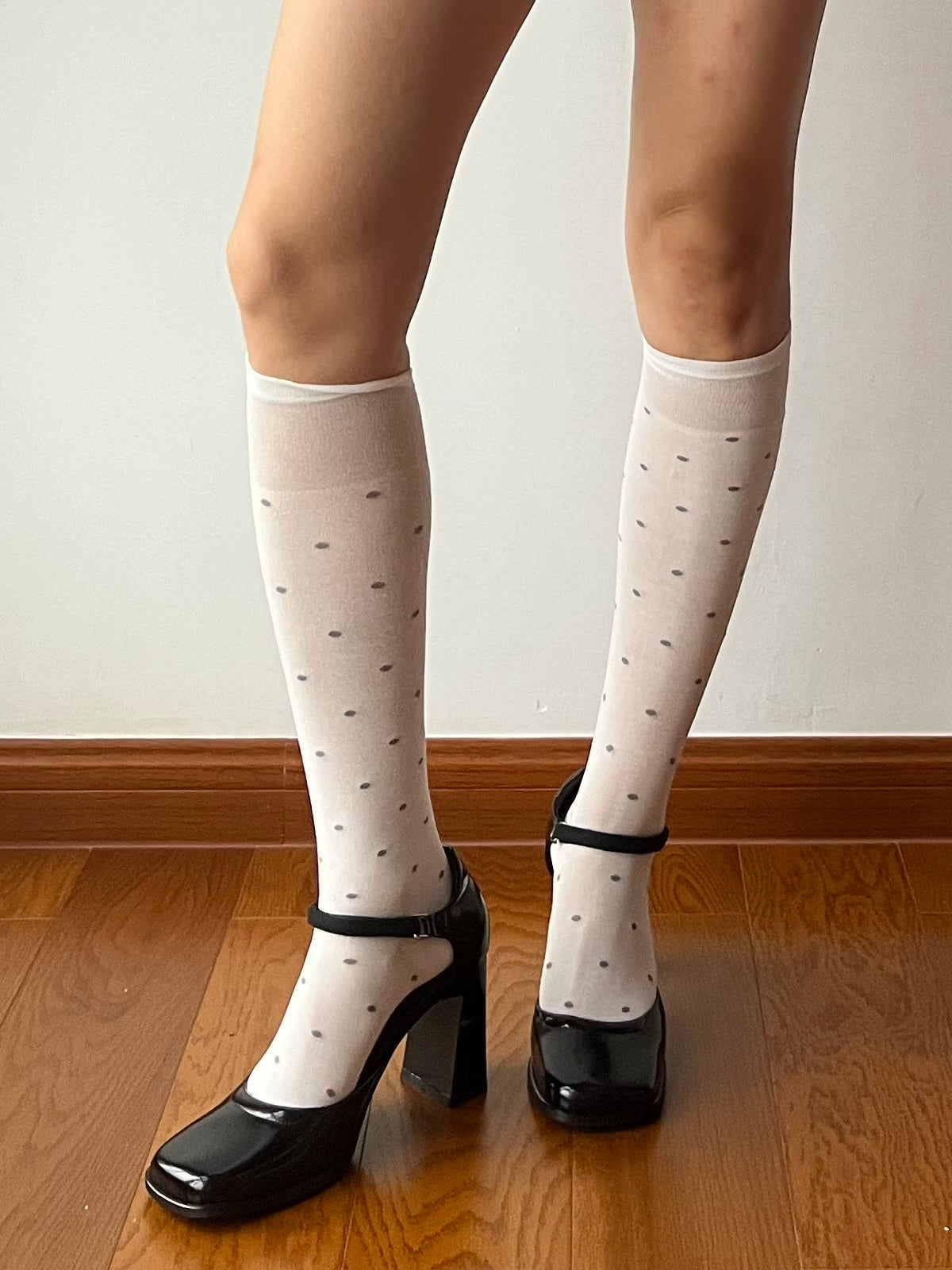 White Polka Dots 240N Modal Knee High Socks