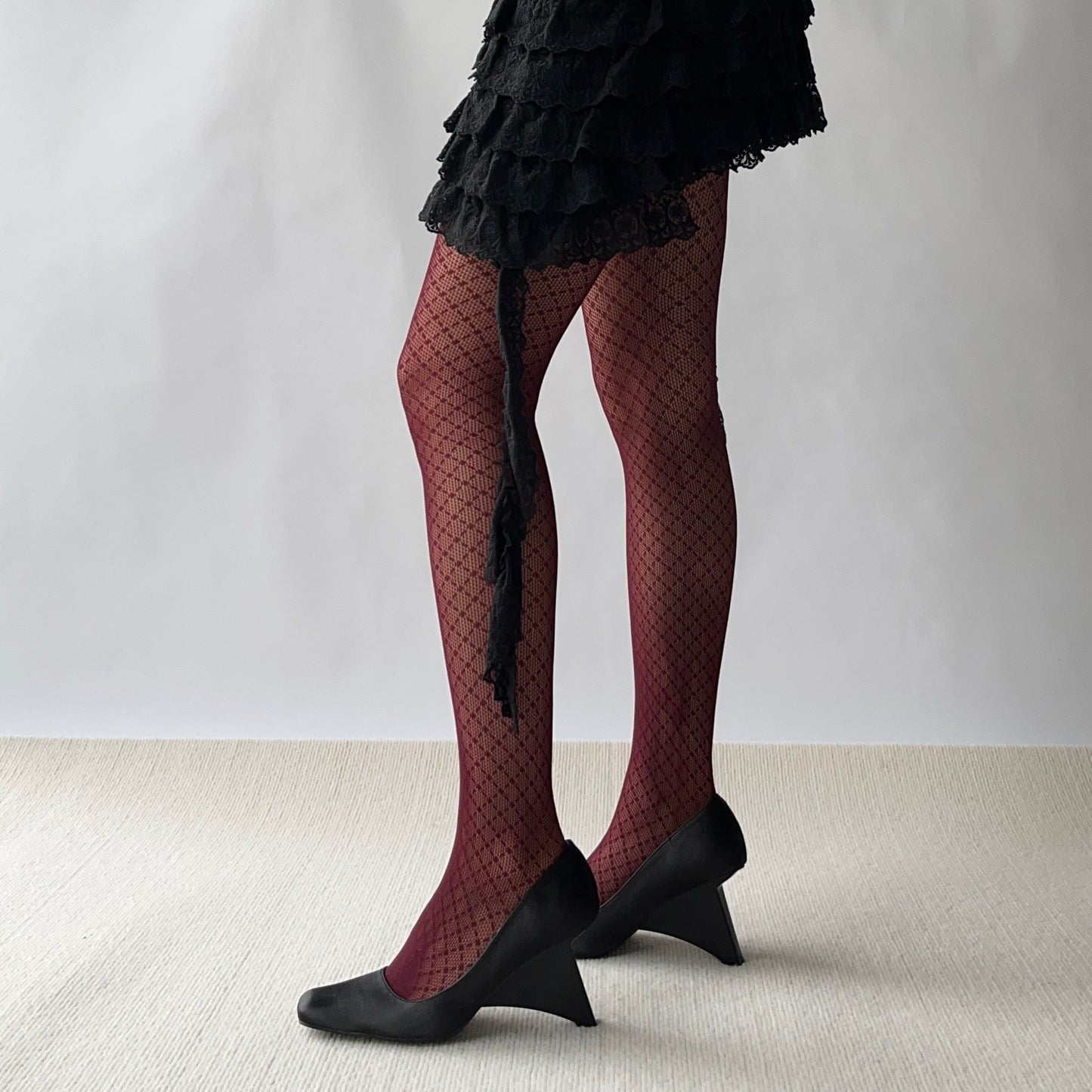 Burgundy Check Pattern Fishnet Tights