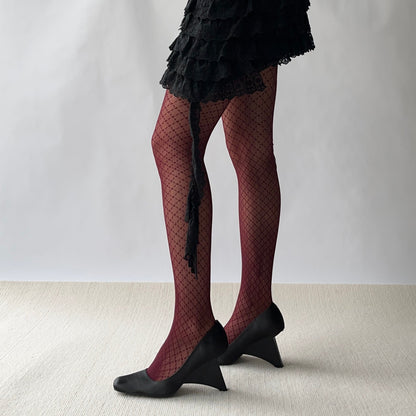 Burgundy Check Pattern Fishnet Tights