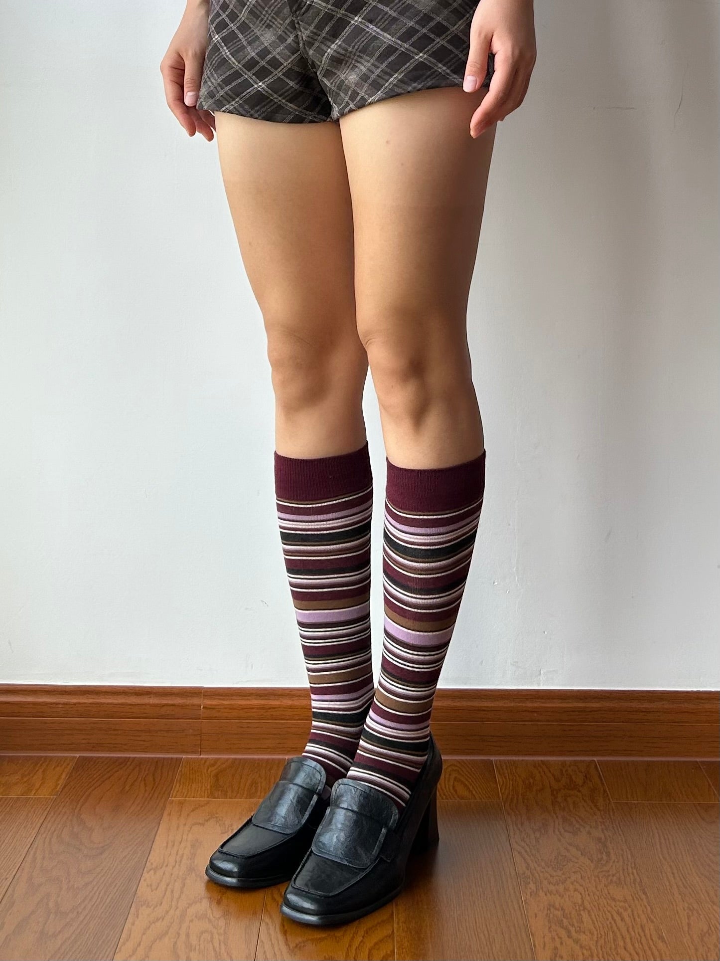 Burgundy Stripe Cotton Knee High Socks