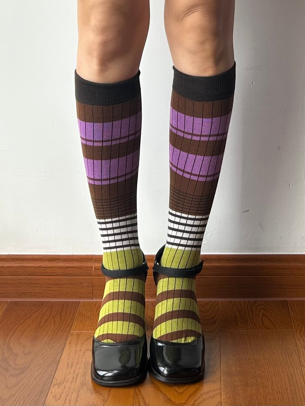 Olive Green+ Purple Stripe Cotton Knee High Socks