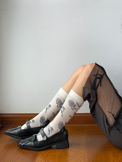 White Floral Print Velvet Knee High Socks