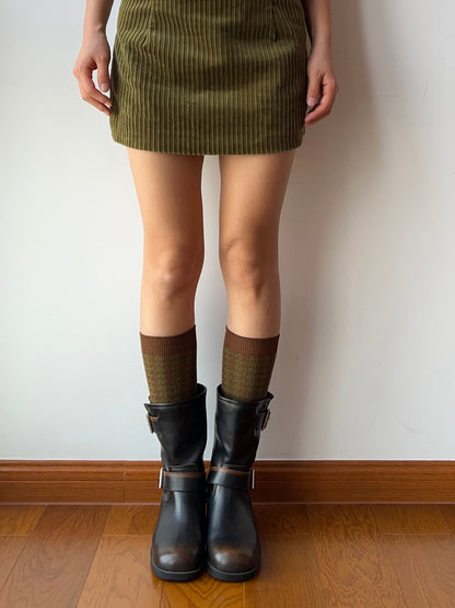 Olive Green+Dark Blue Double Knitting Knee High Socks