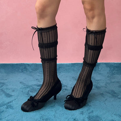Black Bow Deco Ruffle Mesh Knee High Socks