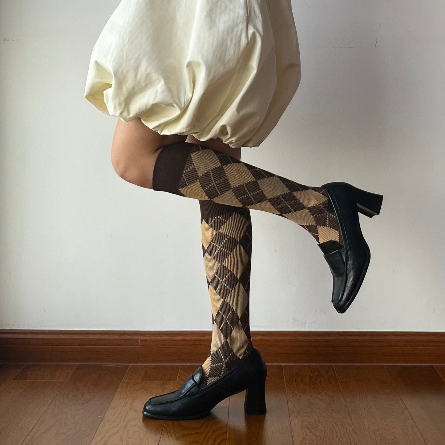 Brown Check Pattern Cotton Knee High Socks