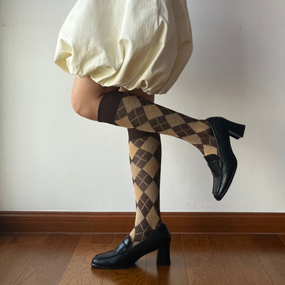Brown Check Pattern Cotton Knee High Socks
