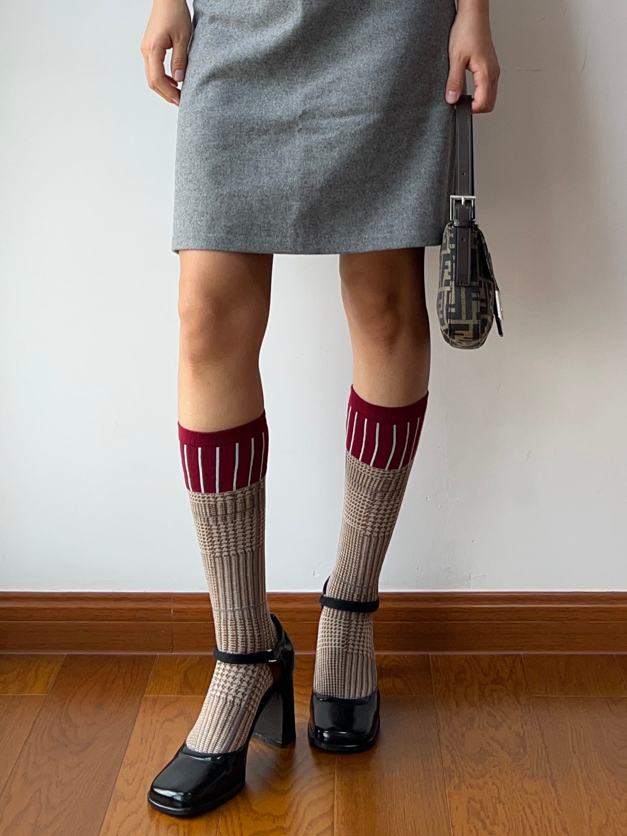 Burgundy+Khaki Cotton Knee High Socks