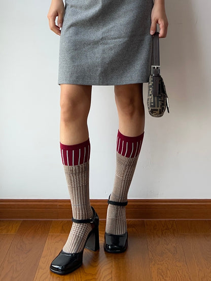 Burgundy+Khaki Cotton Knee High Socks
