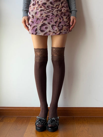 Coffee Lace Cotton Over the Knee Socks