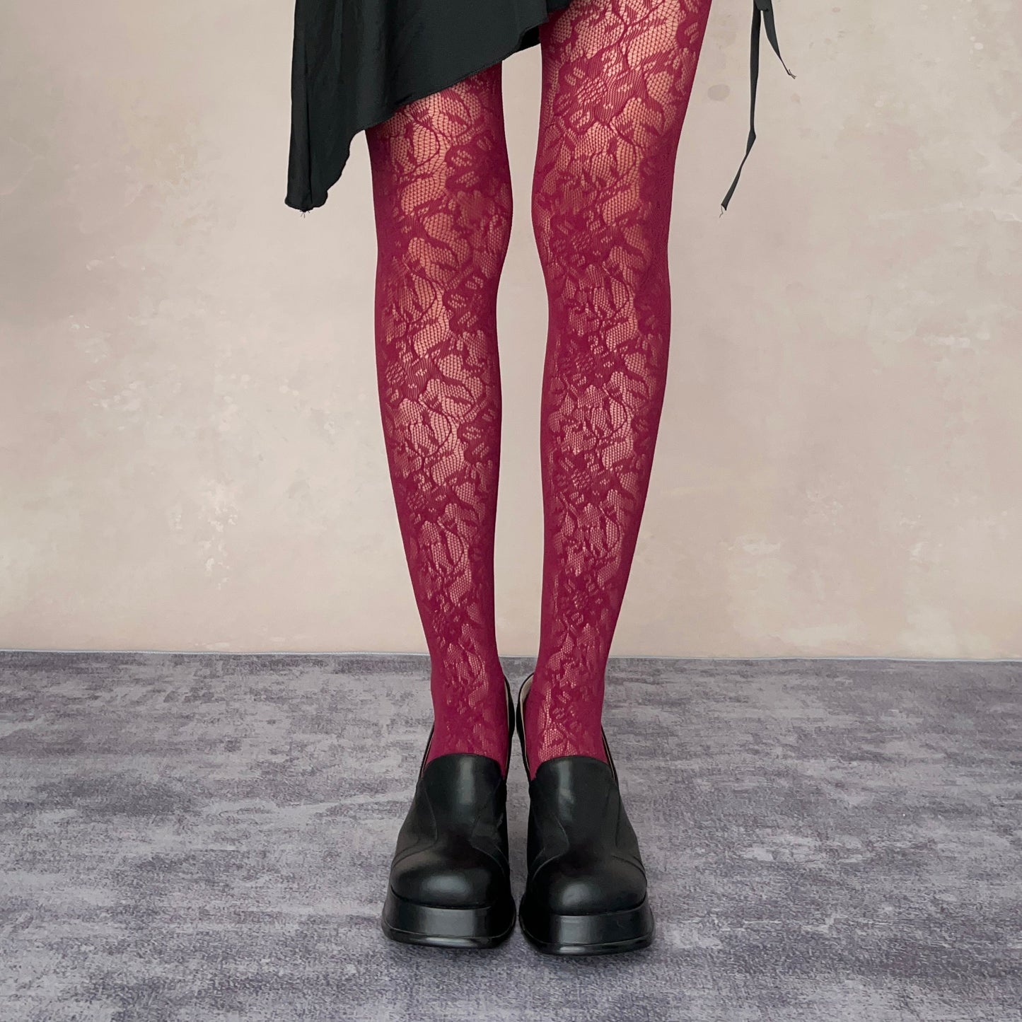 Burgundy Floral Pattern Fishnet Tights
