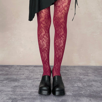 Burgundy Floral Pattern Fishnet Tights