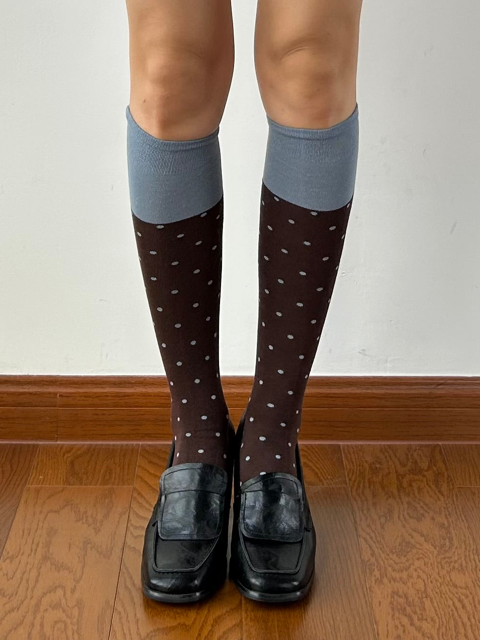 Dark Brown+Blue Contrasting Knee High Socks