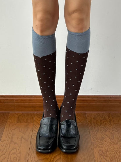 Dark Brown+Blue Contrasting Knee High Socks
