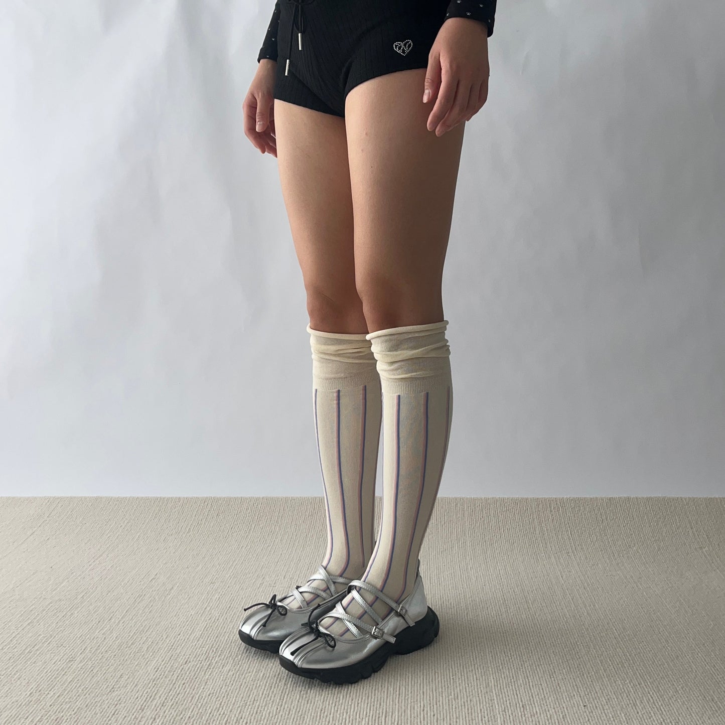 Beige Stripe Cotton Over the Knee Socks