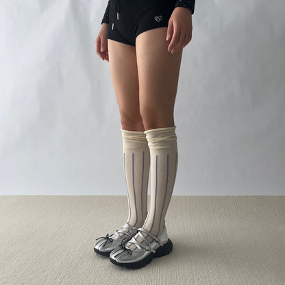 Beige Stripe Cotton Over the Knee Socks