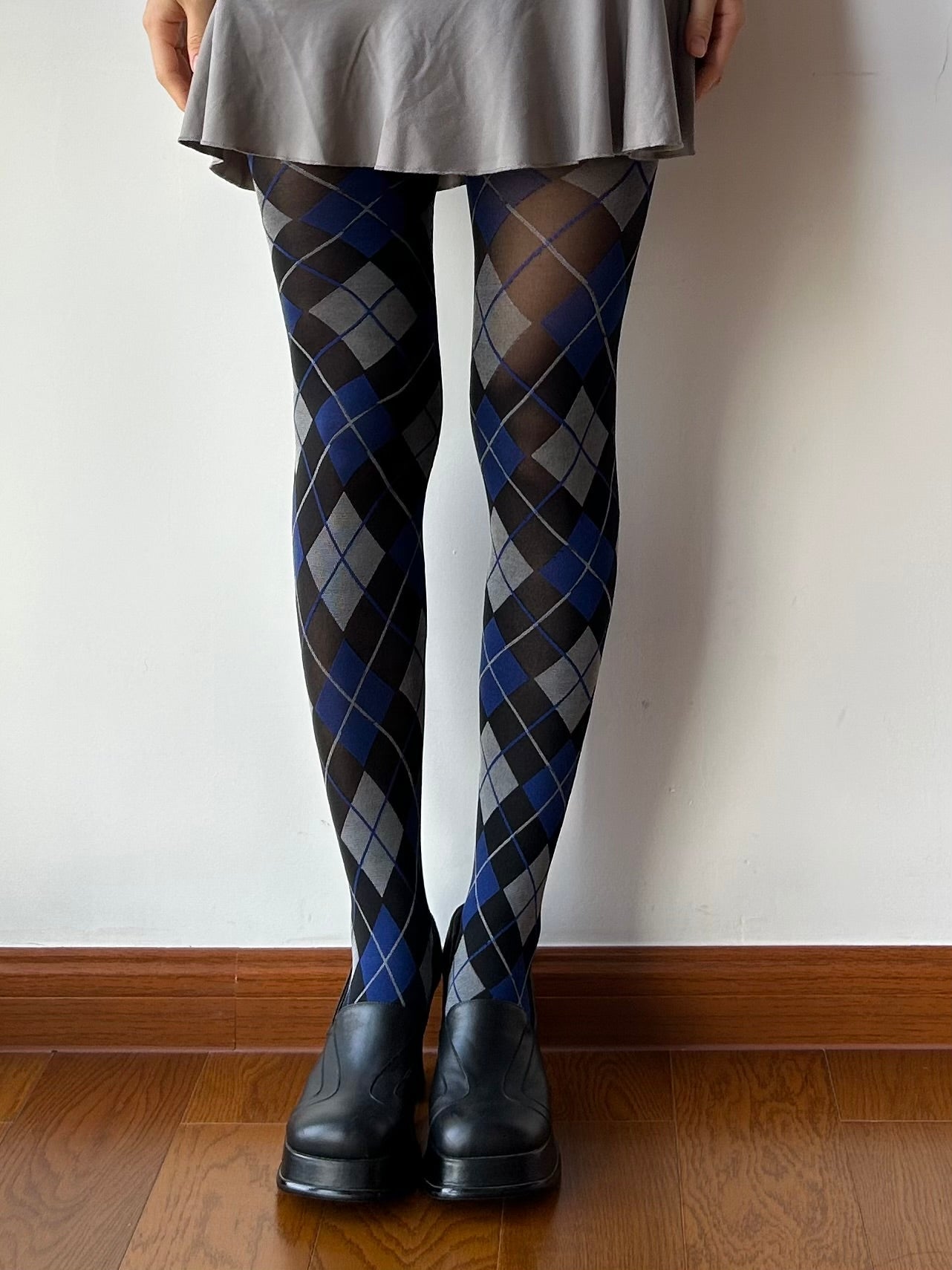 Vintage Style Blue Check Pattern Tights