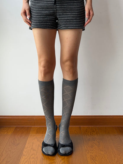 Grey Check Pattern Knee High Socks