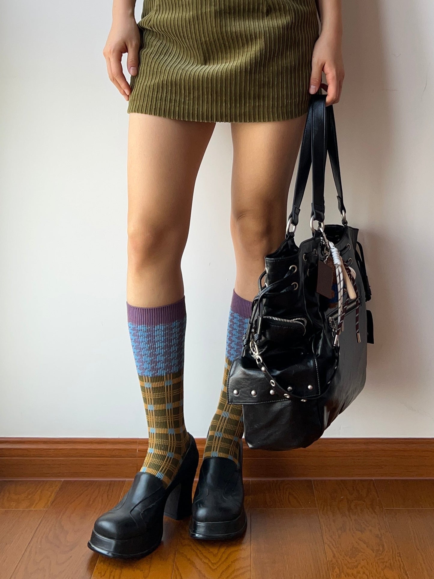 Blue+Olive Green Double Knitting Knee High Socks