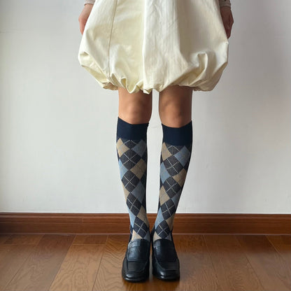 Blue Check Pattern Cotton Knee High Socks