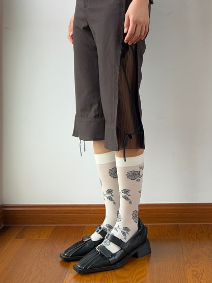 White Floral Print Velvet Knee High Socks