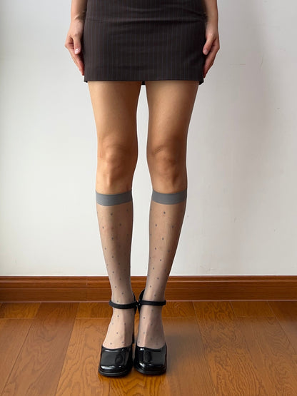 Grey Polka Dots Sheer Knee High Socks