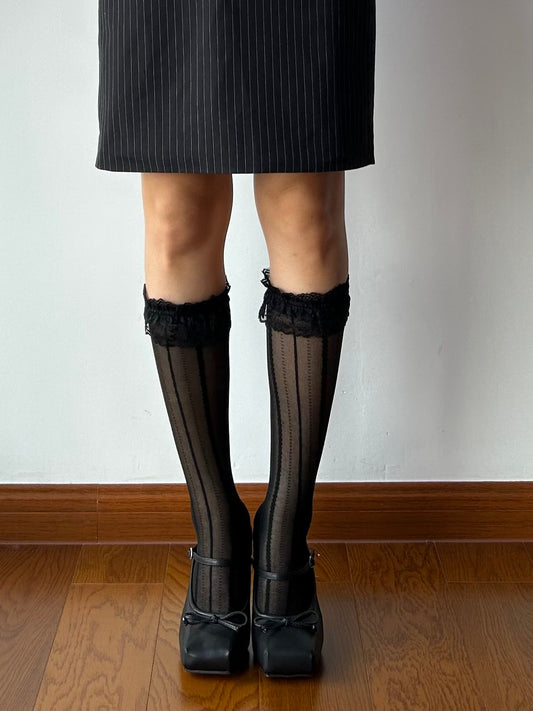 Black Ruffle Stripe Pattern Sheer Knee High Socks